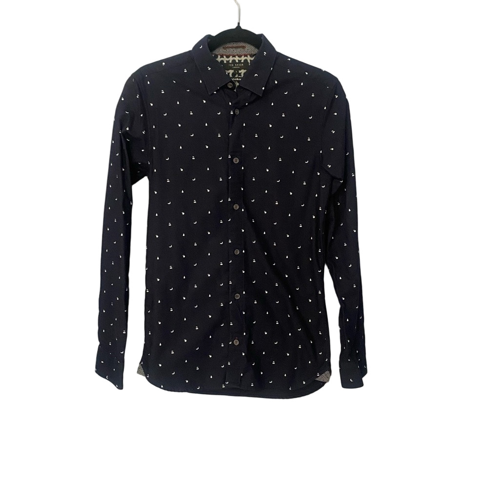 Ted Baker Dark Blue Shirt Tiny White Fruit Print Cuff Detail Size 1